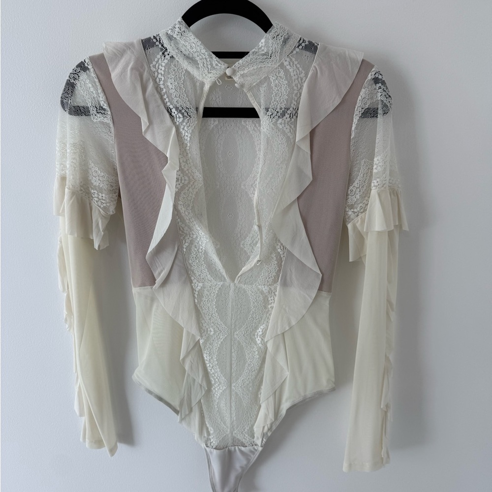 For Love & Lemons Cream and Light Pink Lace Ruffle Bodysuit